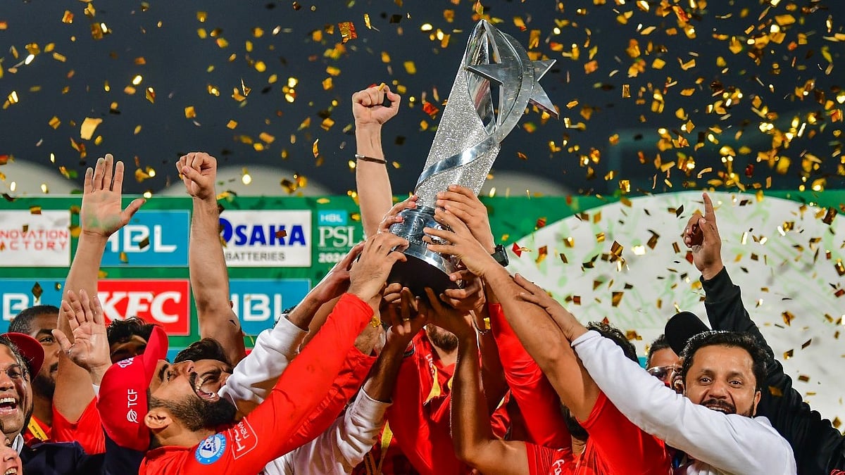 Photo: X/ @thePSLt20 : Islamabad United players with PSL 2024 trophy.